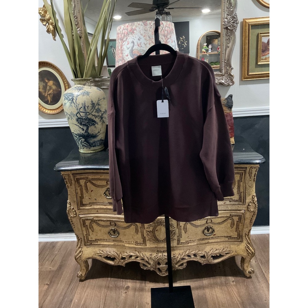 Varley Mae Boyfriend Sweat Coffee Bean Ottoman Ribbed Side Zip Pullover VAR01595